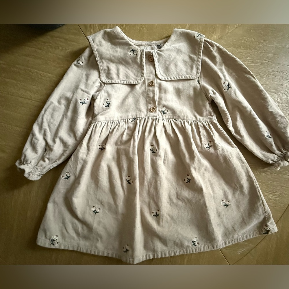 Zara Cream Long Sleeve Dress with Floral Embroidery